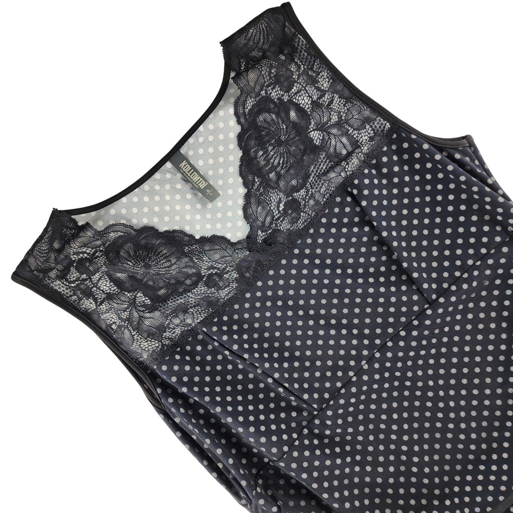 Kollontai Polka Dot Dress Womensโ Large Black White Lace Mesh Ruched Nylon Blend